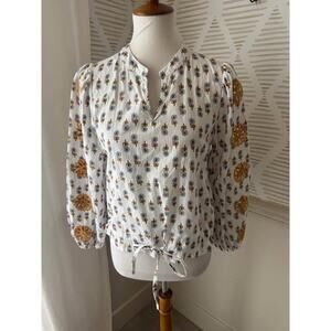 Anthropologie Luna Moon Small Yellow Floral Embroidered Sleeve Boho Blouse Top